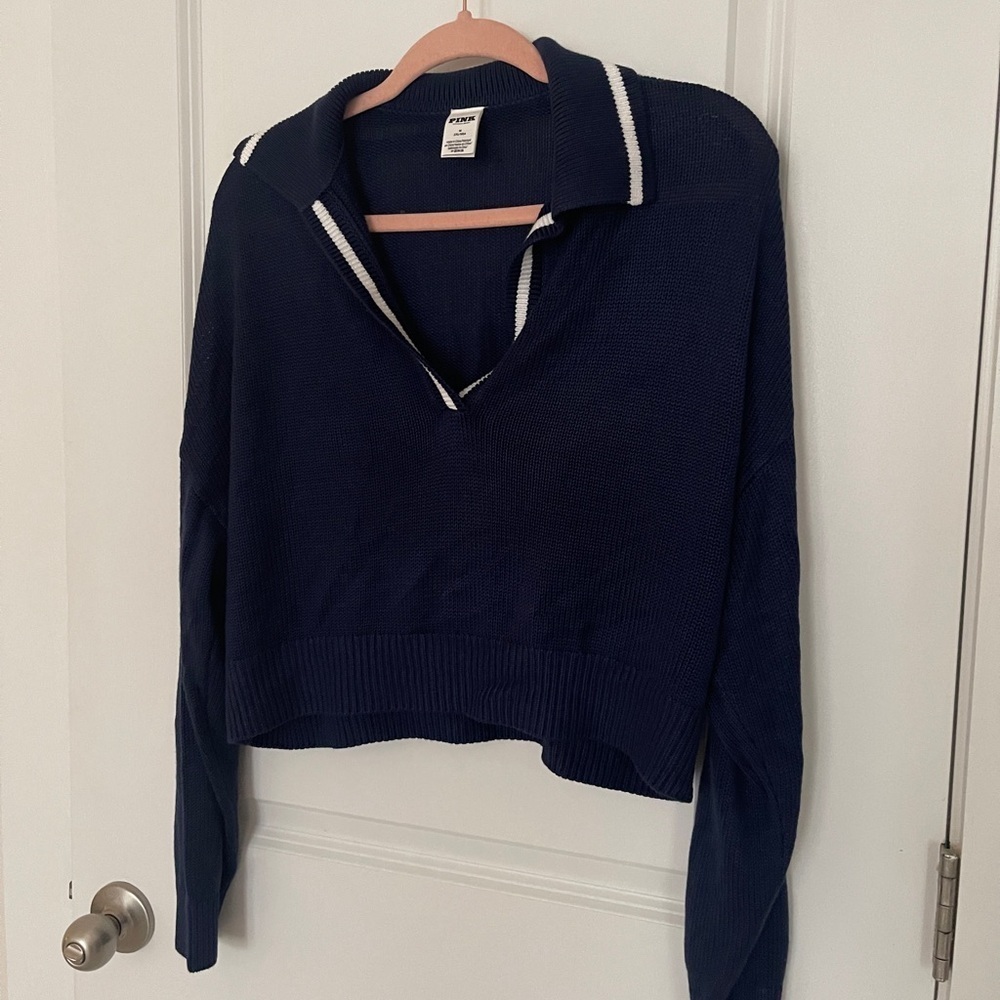 Navy Blue Sweater with White‎ Trim from Pink